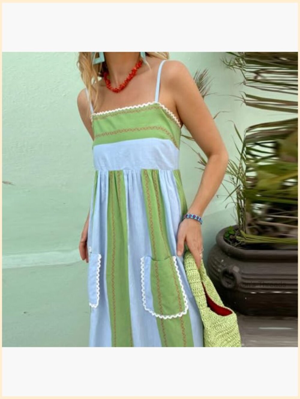 Striped Square Neck Spaghetti Strap Maxi Dress with Pockets - Picture 5 of 6